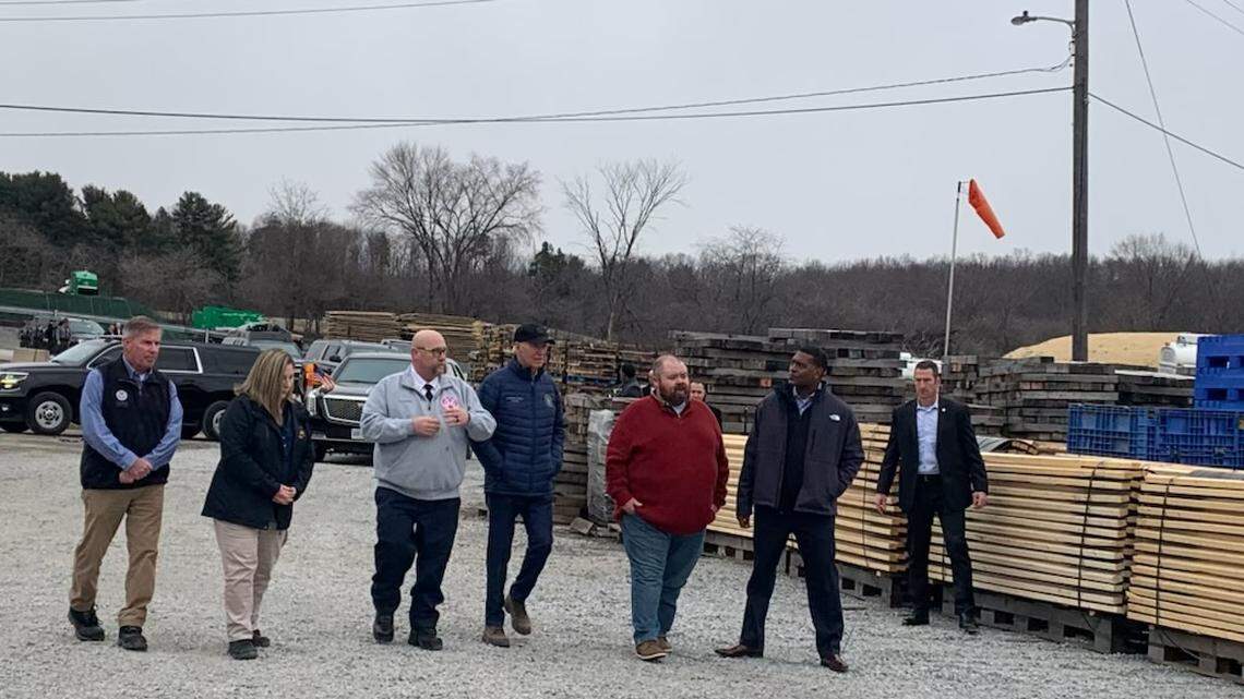 President Biden walks the East Palestine train derailment site with town officials.