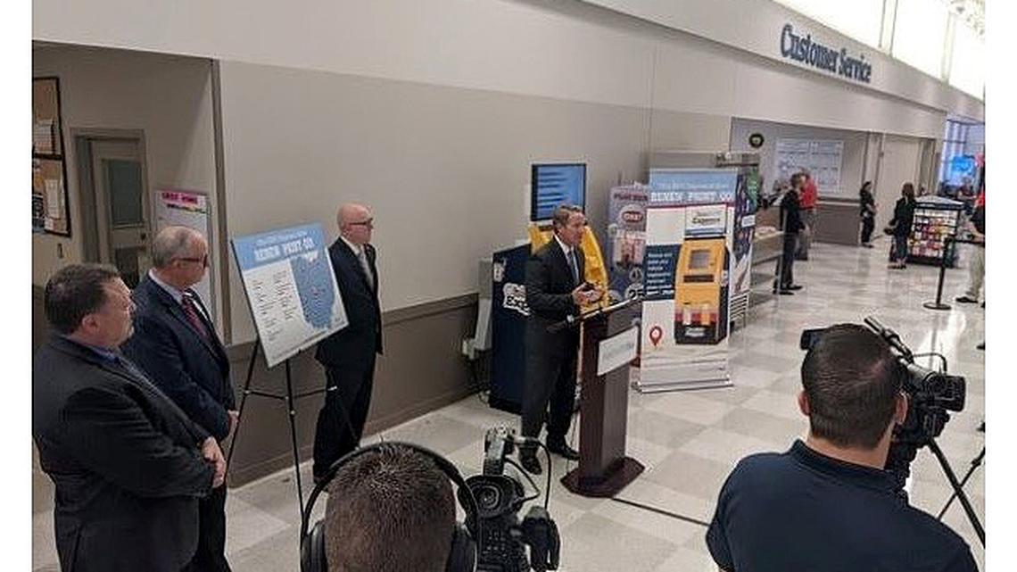 Lt. Gov. Jon Husted speaks at the Meijer in Fairfield on Wednesday during the announcement of the pilot launch of new BMV Express self-service kiosks. (Contributed photo)