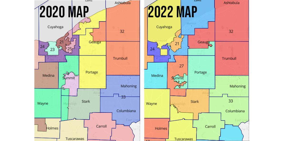 Shown here are Ohio Senate district maps from 2020 (left) and 2022 (right), showing how those districts will be aligned for the state’s special election on Aug. 2, 2022, per a court order.