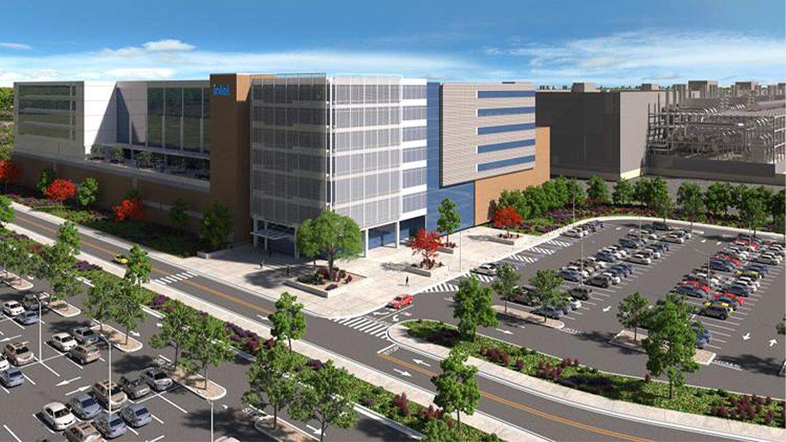 An artist rendering of Intel’s planned $20 billion chip manufacturing plant expected to be built in central Ohio.