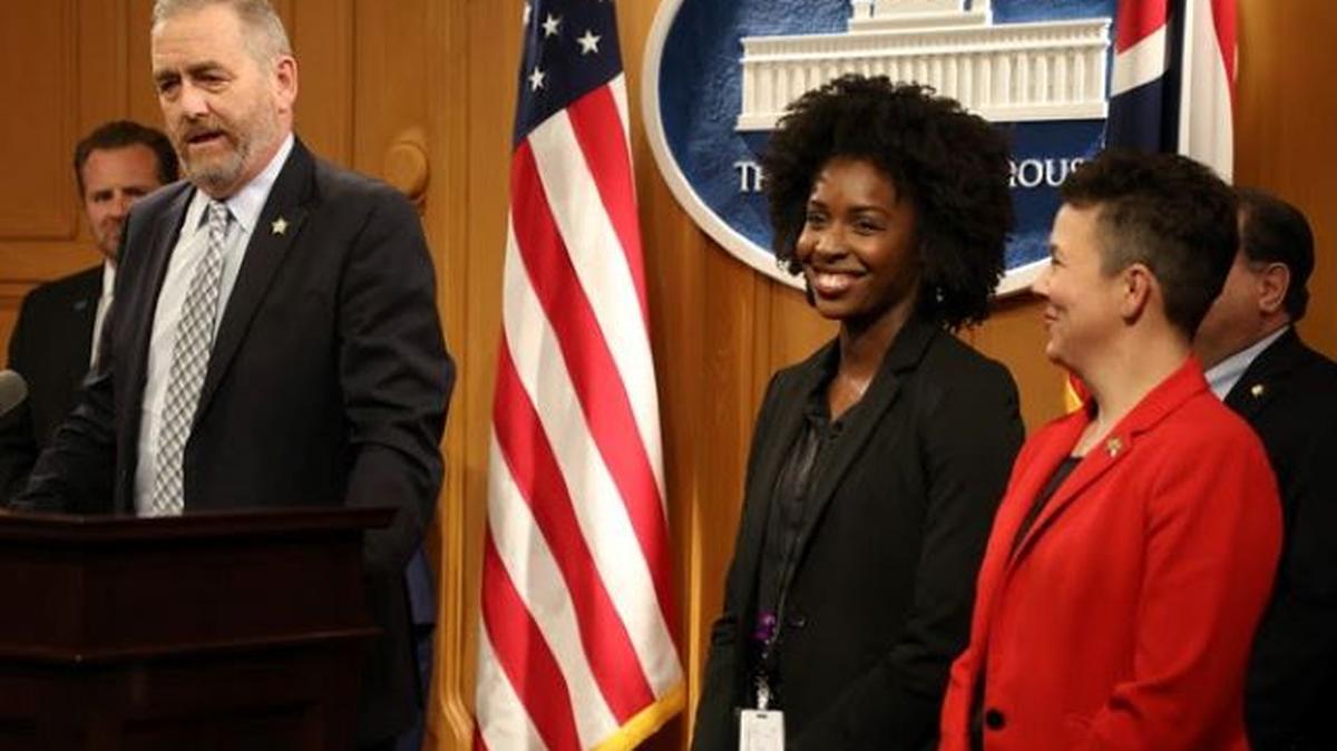 Ohio Attorney General Dave Yost and the Human Trafficking Initiative's Jomel Aird, director of victim services, and Jennifer Rausch, legal director of the initiative. (Photo courtesy of ohioattorneygeneral.gov)