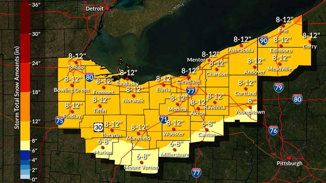 This graphic produced Wednesday, Feb. 2, 2022, shows the total snowfall forecasted for the region surrounding the National Weather Service’s Cleveland station, including Mahoning and Trumbull counties.