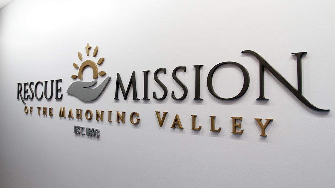 Shown here in this April 12, 2022, photo is the logo of Rescue Mission of the Mahoning Valley, taken at its 50,000 square-foot facility along Martin Luther King Jr. Boulevard in Youngstown.