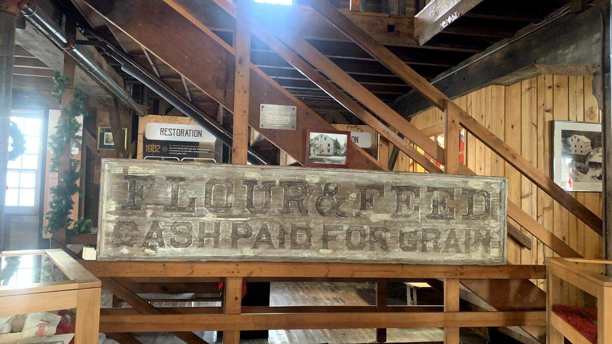A lot of the wood inside Lanterman’s Mill is still original, including an original sign advertising flour and feed for Mahoning Valley customers. 