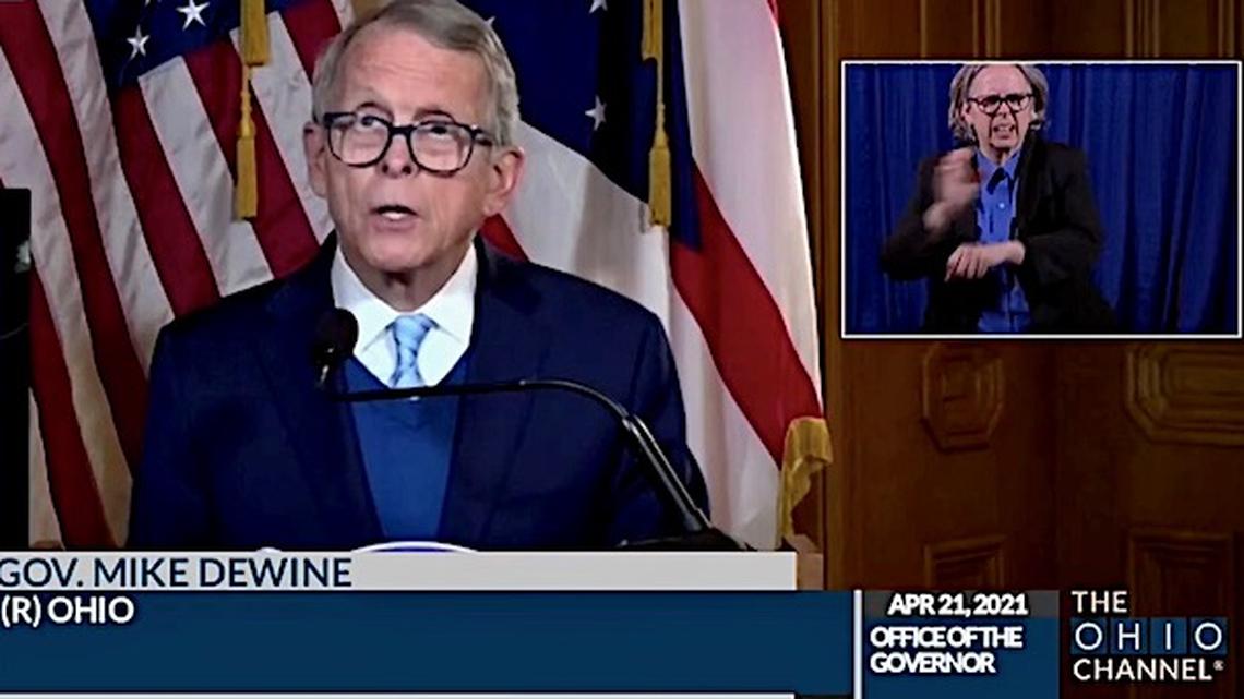 Gov. Mike DeWine during the state's coronavirus update on Wednesday, April 21, 2021.