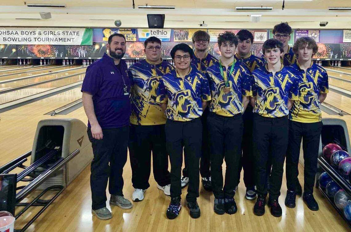 Here is a picture of the Warren Champion bowling team. Front row from left, Mario Humenik, Alan Derry, Aidan LePosa, Braylen Cowger. Back row from left: Coach Josh Phelps, James Swiger, Garrett Martin, Braydon McElhinny, and Derrick Campbell.