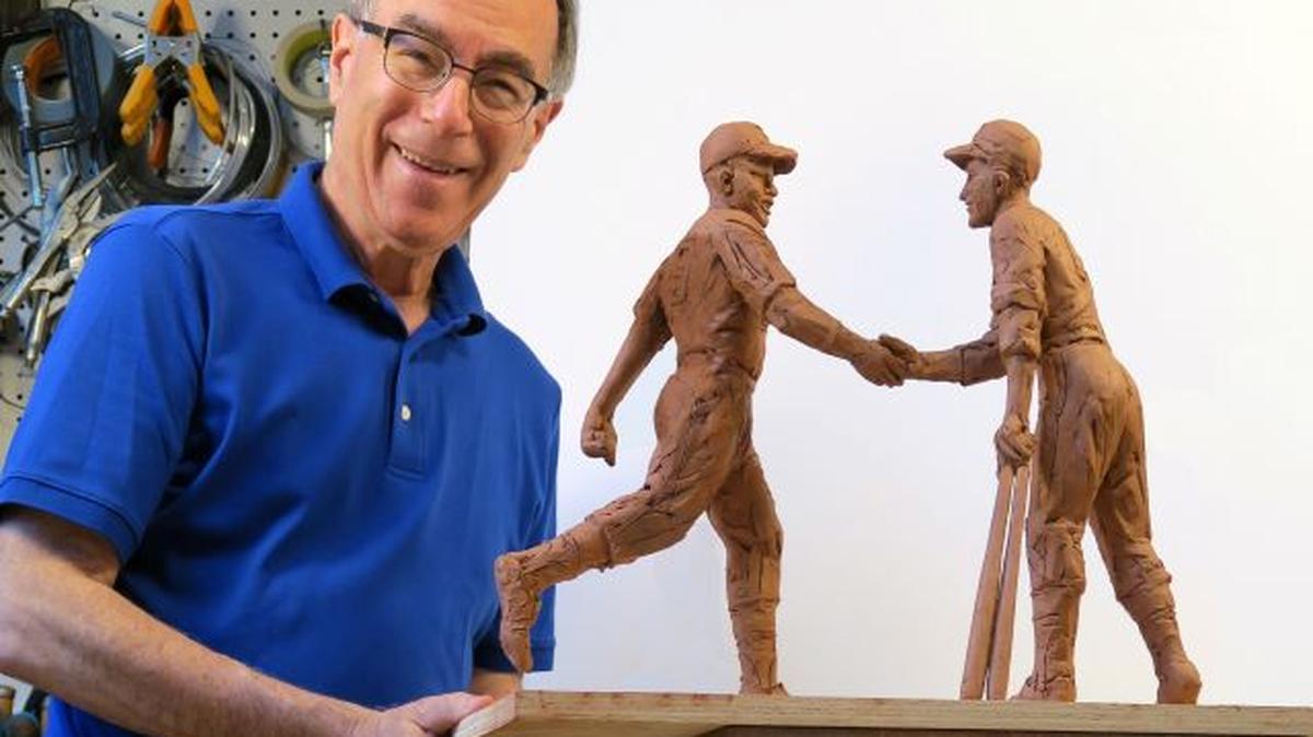 Connecticut sculptor Marc Mellon recently created a rough early study of the Robinson-Shuba statue. Plans call for the Jackie Robinson and George Shuba likenesses to stand nearly 7 feet tall in the actual statue planned for downtown Youngstown. (Contributed photo)