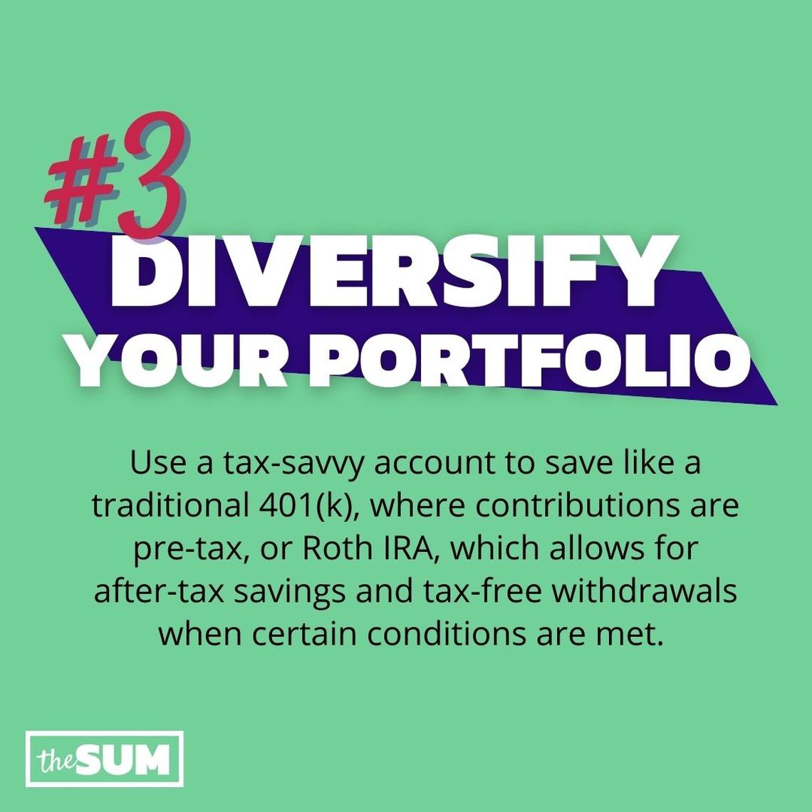 Diversify Your Portfolio: Use a tax-savvy account to save like a traditional 401(k), where contributions are pre-tax, or Roth IRA, which allows for after-tax savings and tax-free withdrawals when certain conditions are met. 