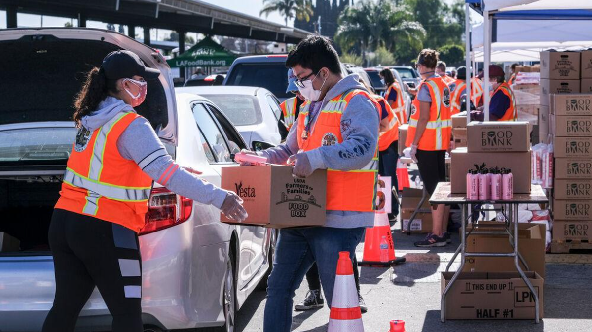 Volunteers load food into the trunk of vehicles during at a food bank.