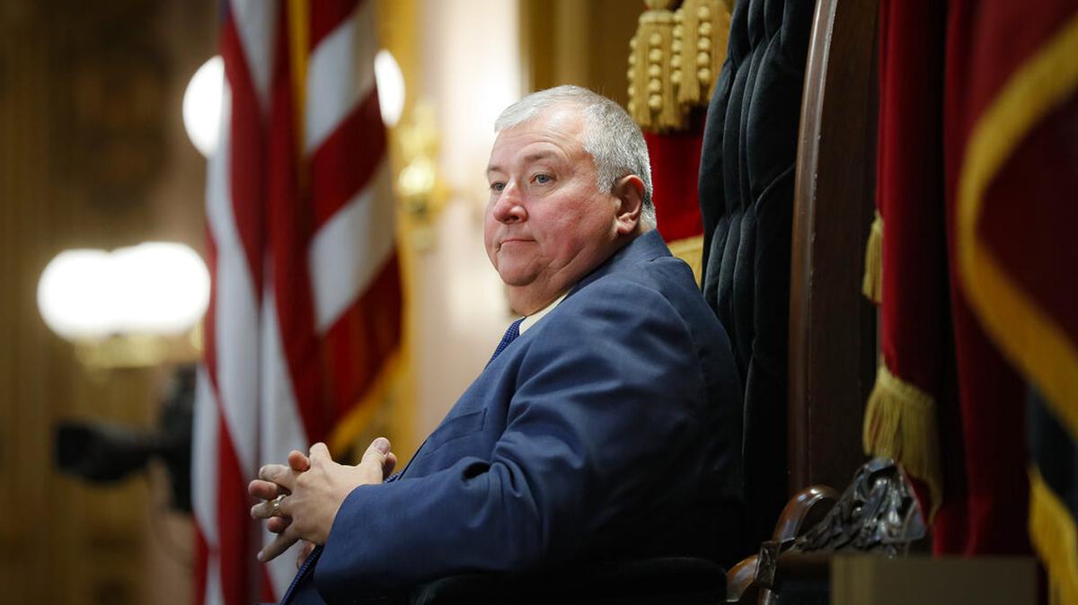 In this Oct. 30, 2019, file photo, state Rep. Larry Householder sits at the head of a legislative session as speaker of the House in Columbus. The House is prepared to take a vote today that could remove Householder, who is accused in a $60 million federal bribery probe, from his leadership position. (AP Photo | John Minchillo, File)