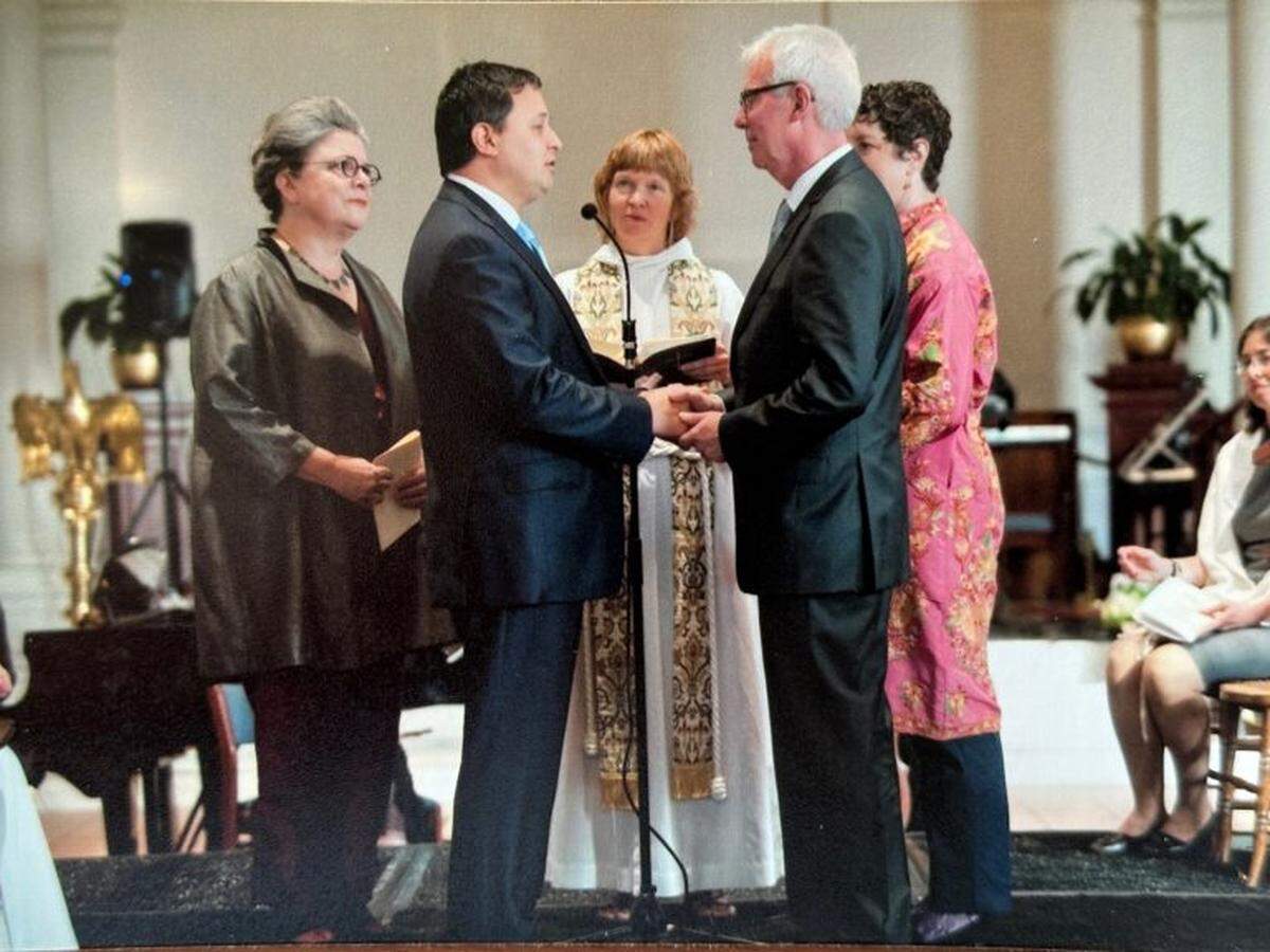 John Indalecio (left) and Michael Gilligan (right) had their marriage blessed in the Church of the Holy Apostles in Manhattan on Sept. 5, 2010, in a joint ceremony.
