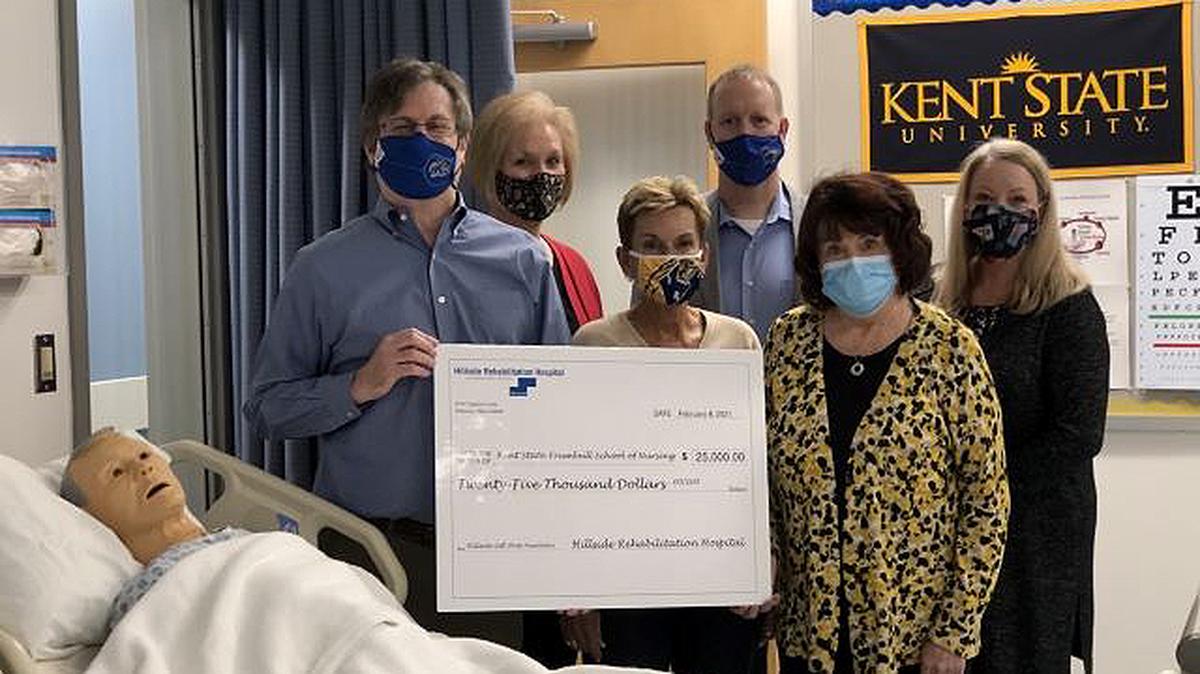 The Auxiliary at Hillside Rehabilitation Hospital recently donated $25,000 to Kent State University at Trumbull’s nursing program. Pictured, from left, are Daniel Palmer, Kent State University at Trumbull dean; Joan Guido; Kathy Dwinnels, associate professor/nursing coordinator at KSU at Trumbull; Dave Smith, director of philanthropy at KSU at Trumbull; Patti Augustine; and Debbie Gold. (Contributed photo)