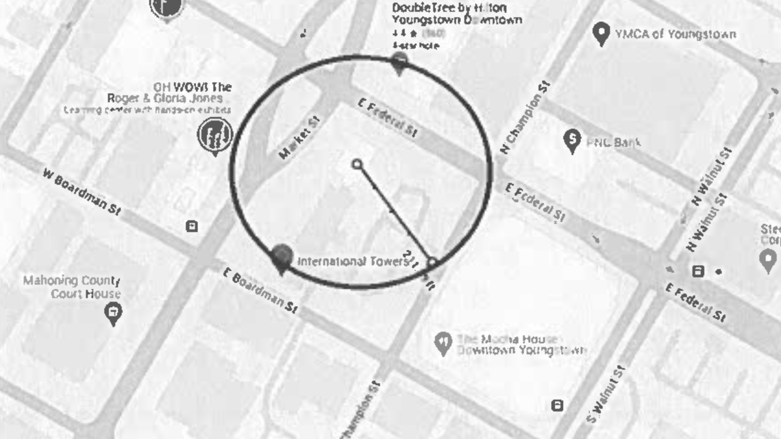 The designated “hazard zone” is a 210 feet circumference to the Realty Tower.