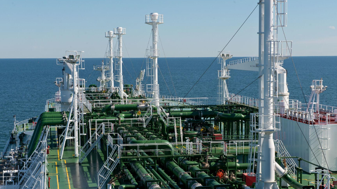 The deck of the Energy Atlantic is a maze of pipes and metal that help carry and contain natural gas products, Port Arthur, Texas.