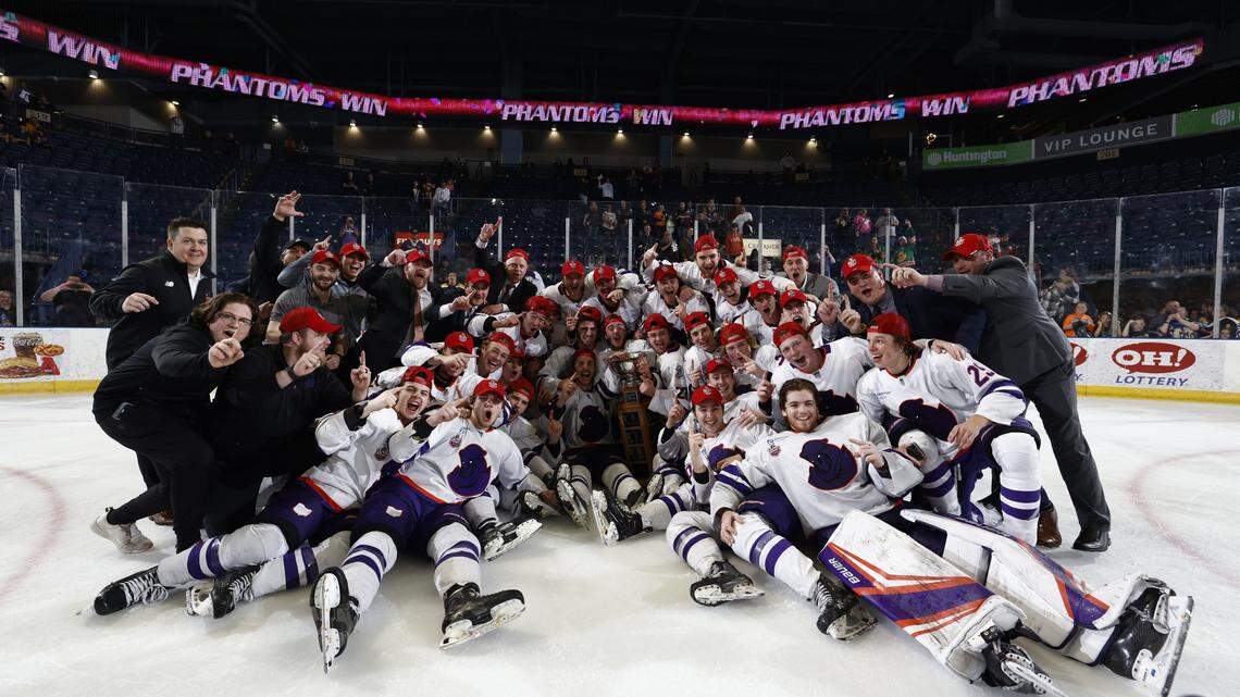 The Youngstown Phantoms celebrate the 2023 Clark Cup title