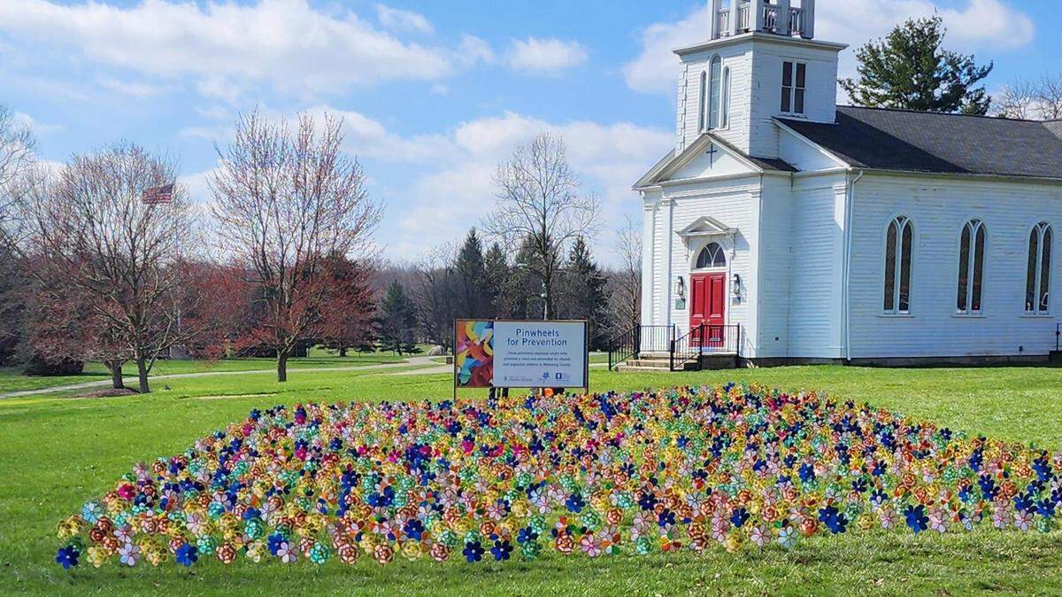 This week, volunteers helped the Mahoning County Children’s Services set up a display of hundreds of pinwheels on the front lawn of Boardman Park for National Child Abuse Prevention Month.