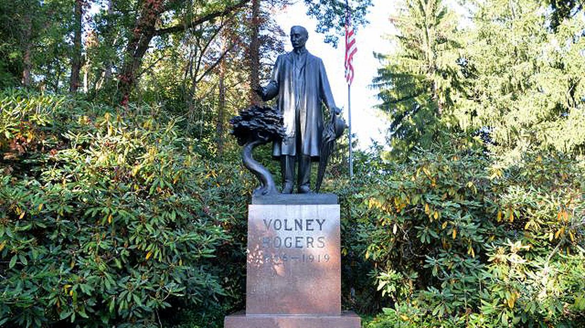 The Volney Rogers Memorial Statue, located at the Memorial Entrance of Mill Creek Park at the corner of Glenwood Avenue and Memorial Hill Drive, was unveiled Oct. 12, 1920. (Contributed photo)