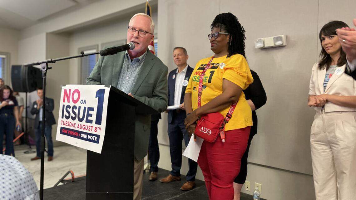 One Person One Vote spokesman Dennis Willard introducing Deidra Reese from Ohio Unity Coalition at the ‘No’ campaign party.