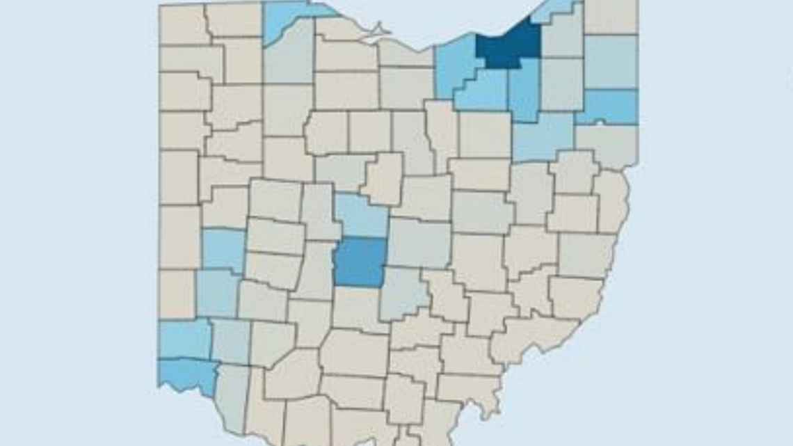 Ohio coronavirus case map by county on March 26