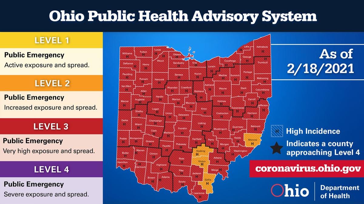 Ohio Public Health Advisory System map on Feb. 18, 2021