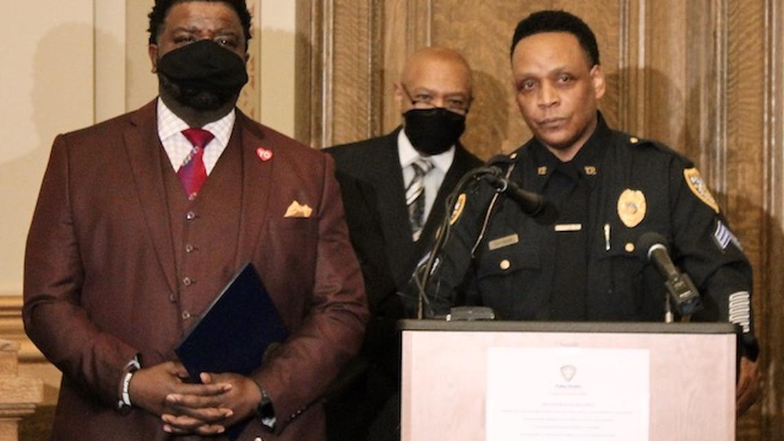 Mayor Jamael Tito Brown announced Detective Sergeant Carl Davis as the new Youngstown Police Department chief. Davis has worked for the department for more than 35 years. Rev. Kenneth Simon was also at the press conference. (Ellen Wagner | Mahoning Matters)