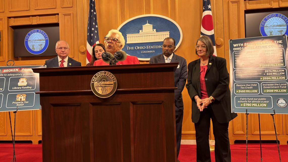 Ohio state Sen. Paula Hicks-Hudson, D-Toledo, and other members of the Senate Democratic Caucus discuss the amendments they submitted to the state’s two-year operating budget.