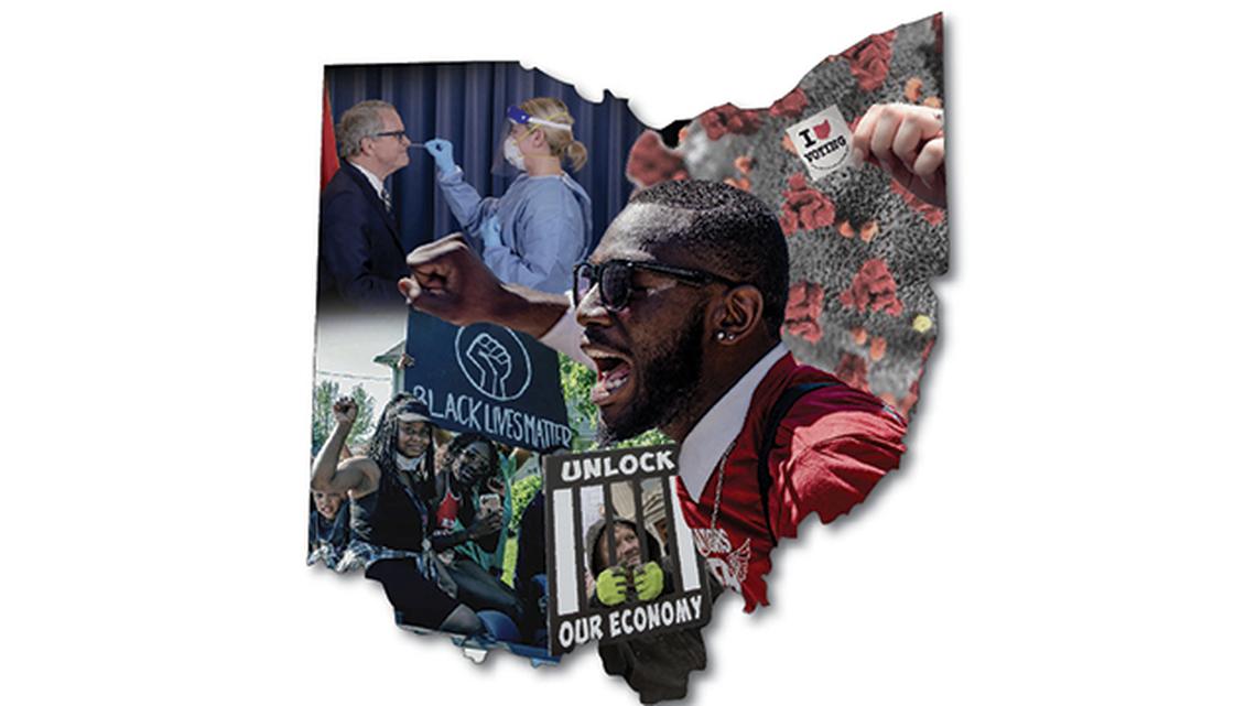 (Illustration by Cameron Peters, Kent State University. Photos and graphics courtesy of: Office of Gov. Mike DeWine; Michael Indrilio, KentWired; Kristen Jones, KentWired; Adam Cairns, Columbus Dispatch; U.S. Centers for Disease Control and Prevention)