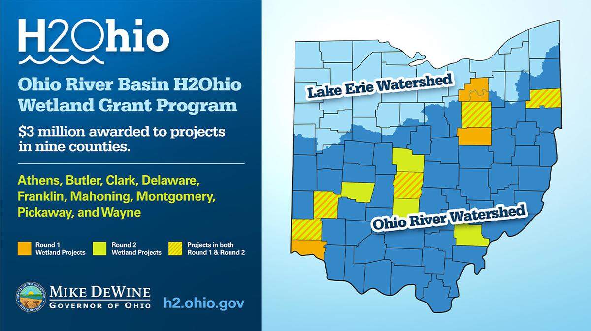 A map of Ohio showing where state wetland grants will be targeted.