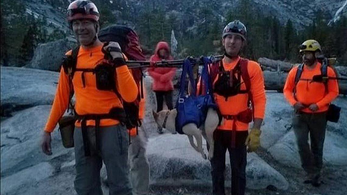 Courtney Leasure got lost in Desolation Wilderness near Lake Tahoe, Calif., while hiking with her dog, Marley. El Dorado County Sheriff’s Department searchers rescued them and carried Marley out on a sling. (El Dorado County Sheriff’s Department)