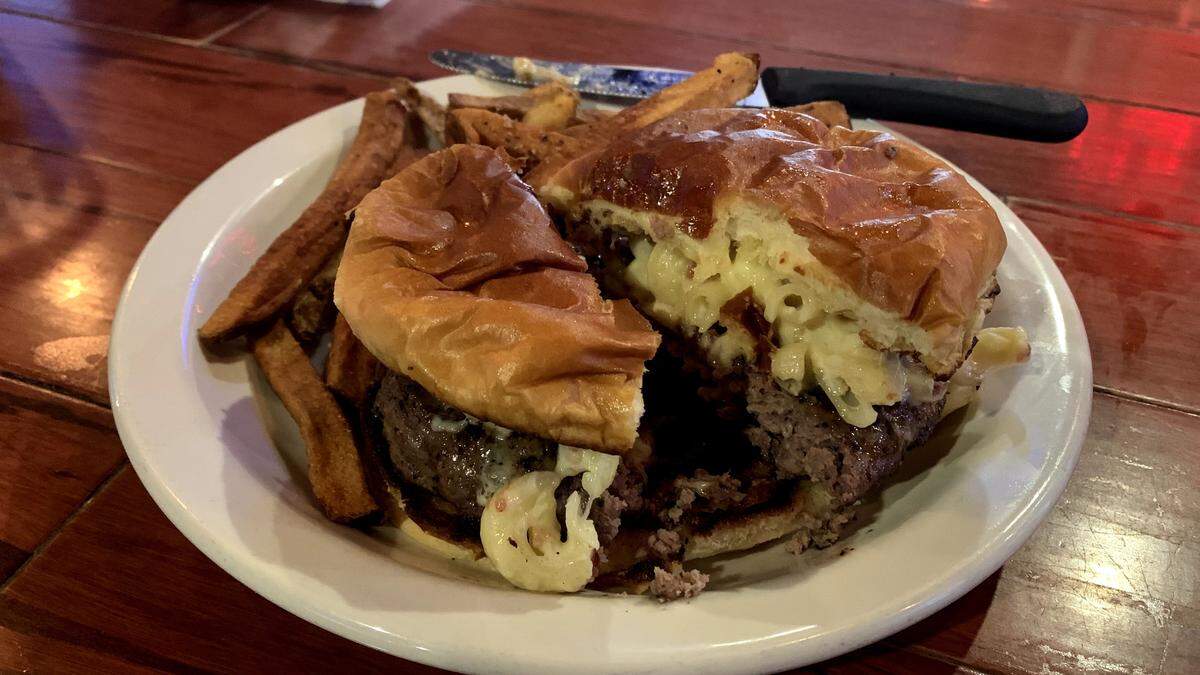 The mac-and-cheese burger at Magic Tree Pub in Boardman.