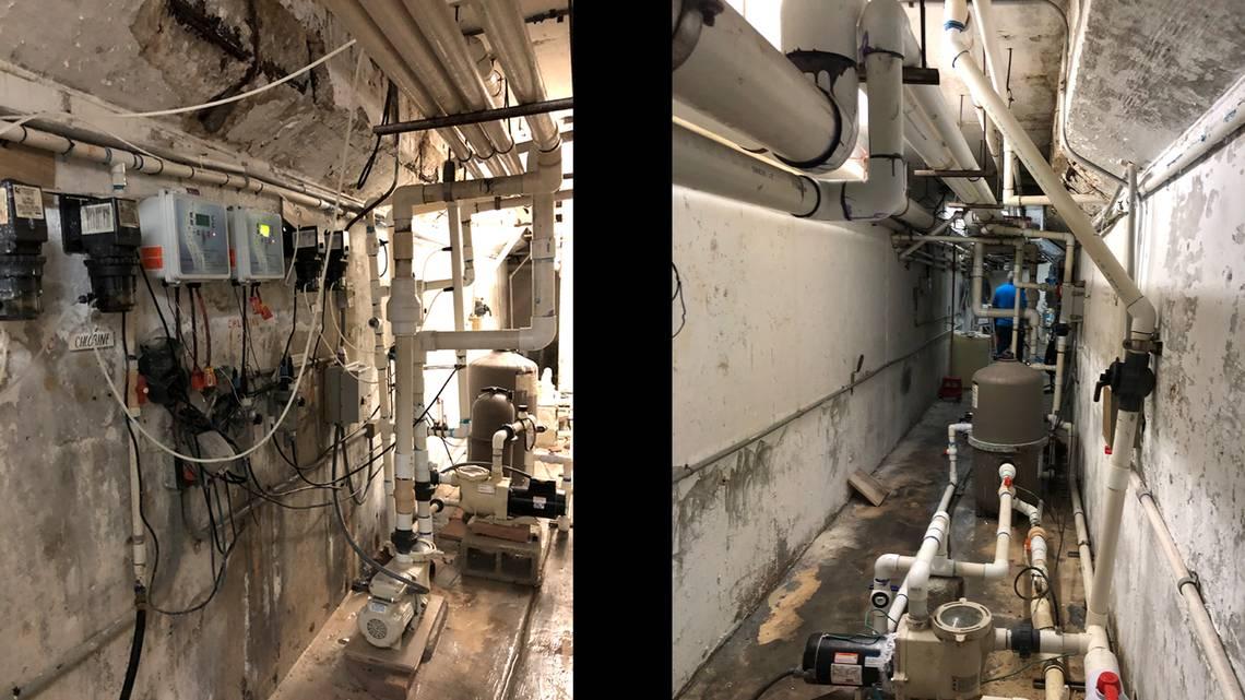 Cracks in concrete, exposed rebar and wet floor in the pool equipment room of Champlain Towers South, in photos taken just 36 hours before the building collapsed. COURTESY