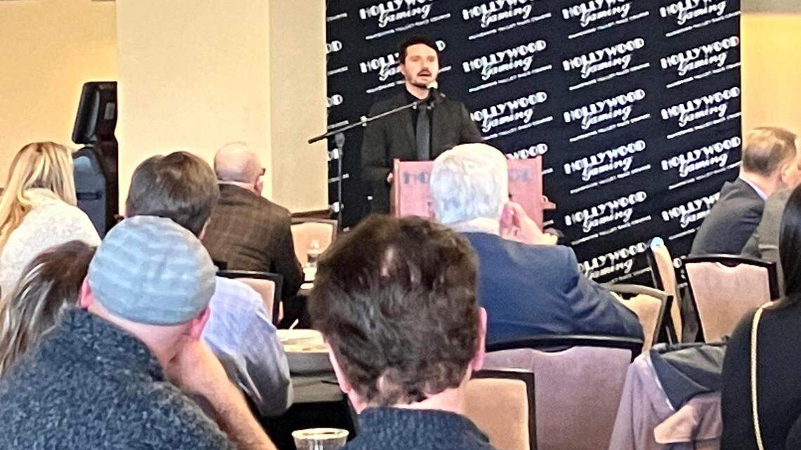 Vice President of Economic Development at the Youngstown/Warren Regional Chamber Shea MacMillan speaks to attendees at the Austintown event.