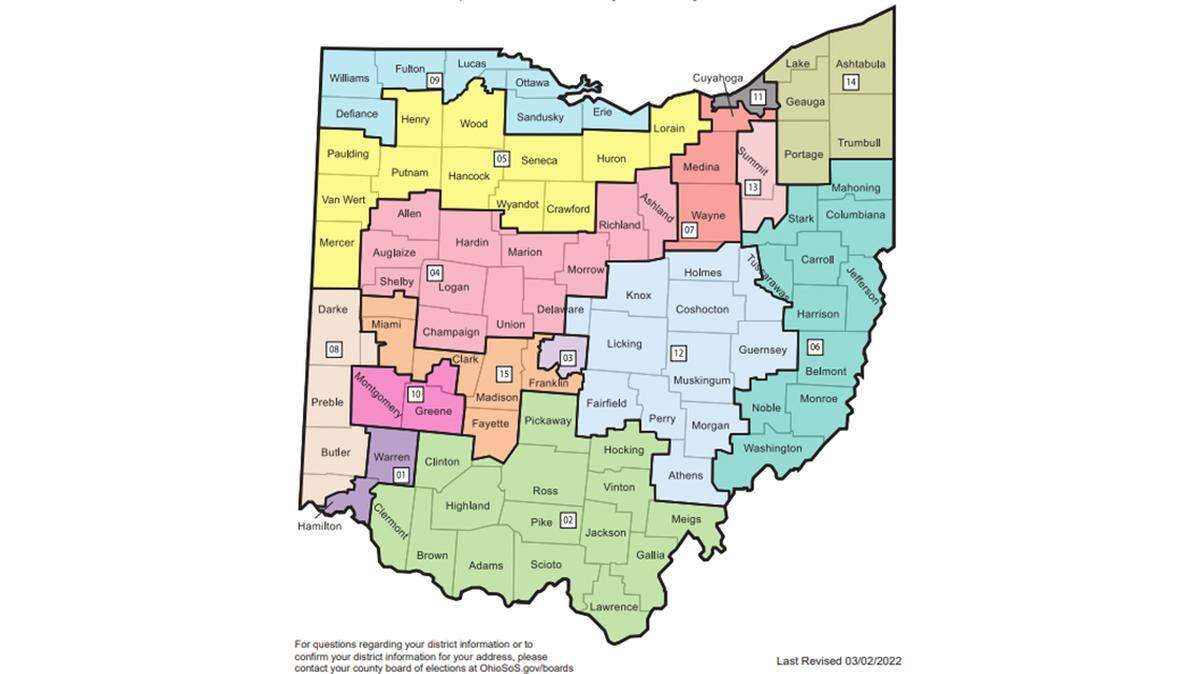 Shown here is Ohio’s map of U.S. House districts, redrawn following the 2020 Census and approved in March 2022 by the Ohio Redistricting Commission.