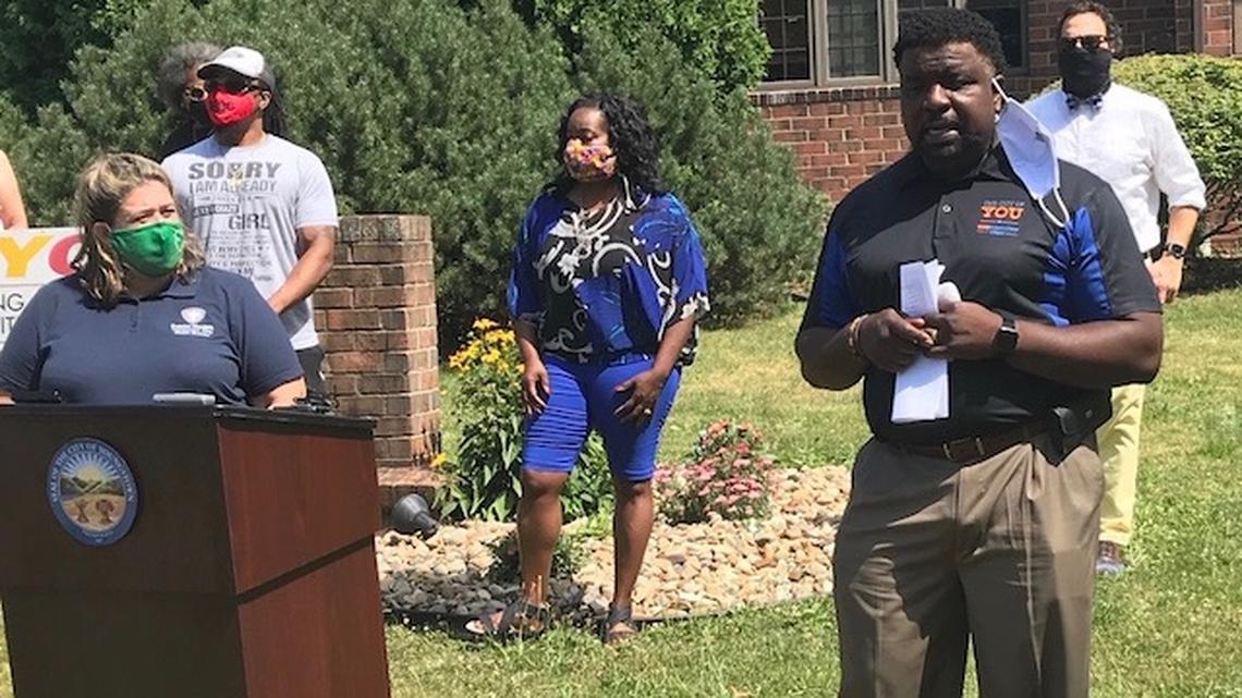 Youngstown Mayor Jamael Tito Brown, surrounded by members of council and City Health Commissioner Erin Bishop, announced Friday, July 17, 2020 that a city-wide mask mandate will begin Monday. (Bob Yosay/Mahoning Matters)