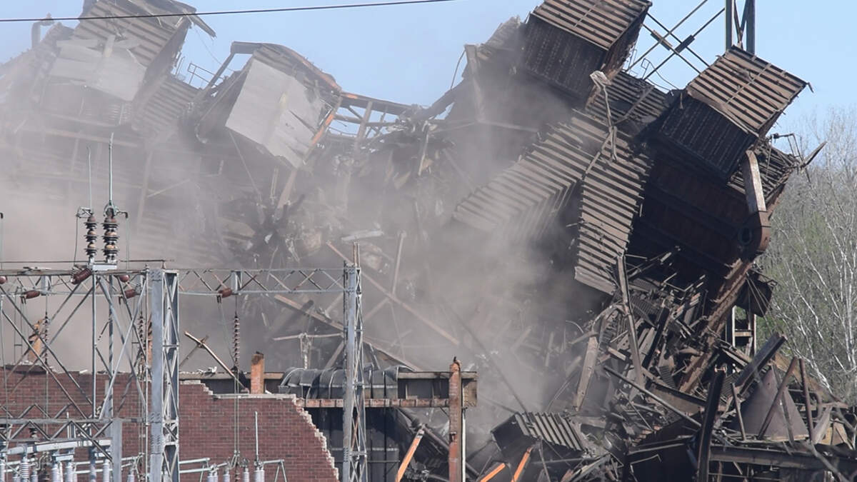 Shown here are the remains of the 68-year-old former Niles Generating Station along Belmont Avenue in Weathersfield Township after the structure was demolished on Thursday, April 28, 2022.