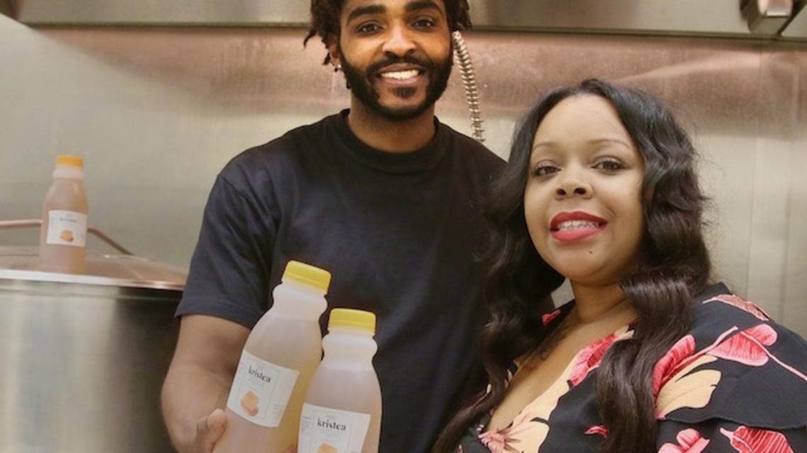 DeAndre Riley and business partner Tanisha Sheree at the Common Wealth Kitchen on the near Northside of Youngstown where Kristea is brewed. (Bob Yosay/Mahoning Matters)