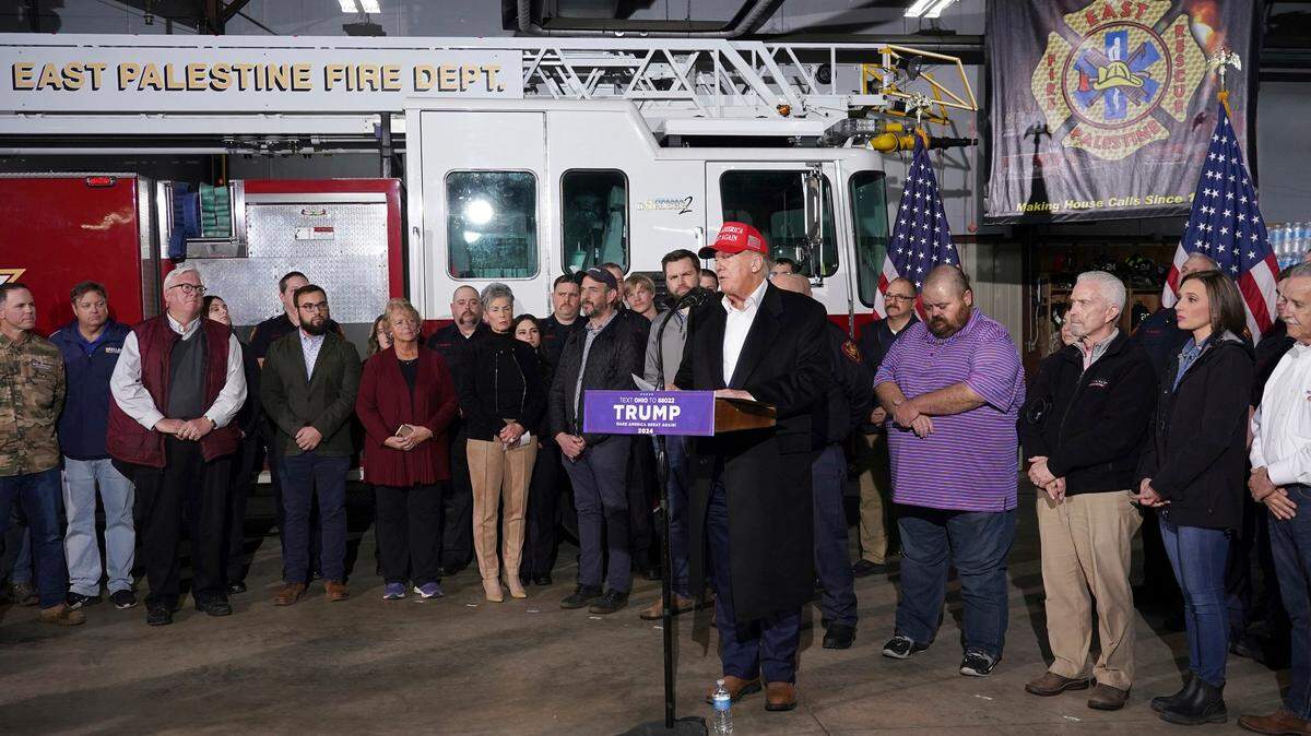Former President Donald Trump speaks at the East Palestine Fire Department as he visits the area in the aftermath of the Norfolk Southern train derailment Feb. 3 in East Palestine, Ohio, Wednesday, Feb. 22, 2023. (AP Photo/Matt Freed)