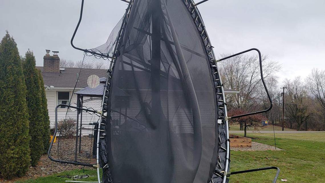 Tara Dudley’s trampoline in Columbiana County backyard after storm