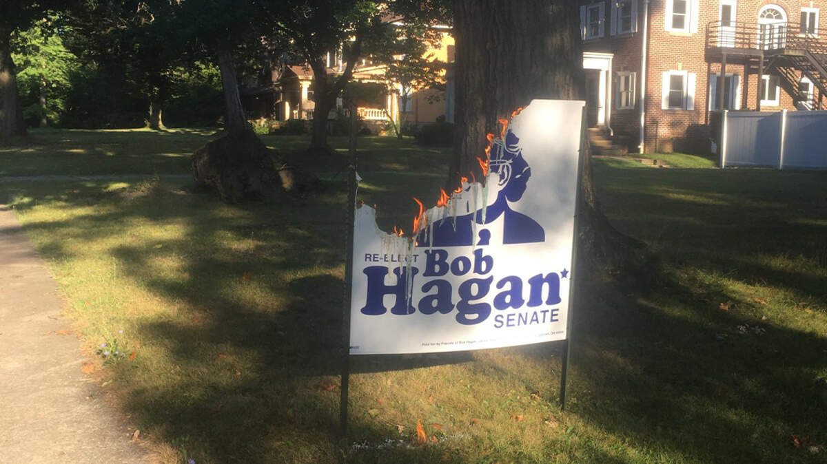 A photo of the burning campaign sign in support of Ohio Senate candidate Bob Hagan.