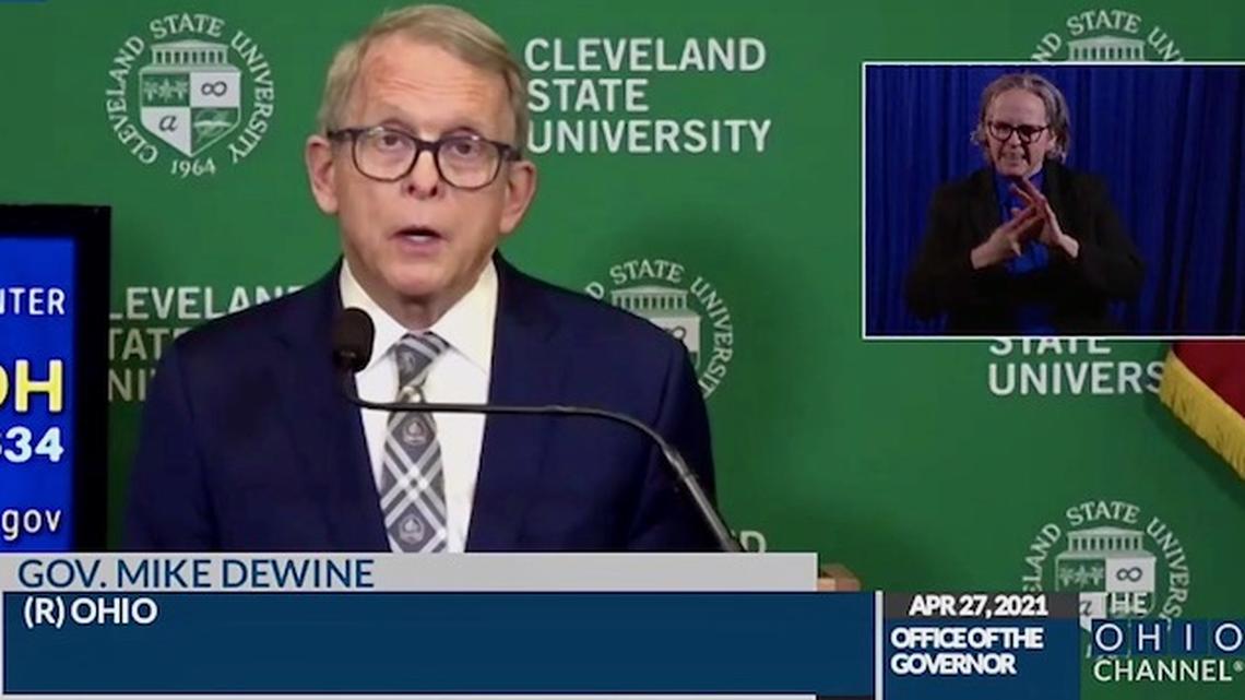 Gov. Mike DeWine during the state coronavirus update on Tuesday, April 27, 2021. 