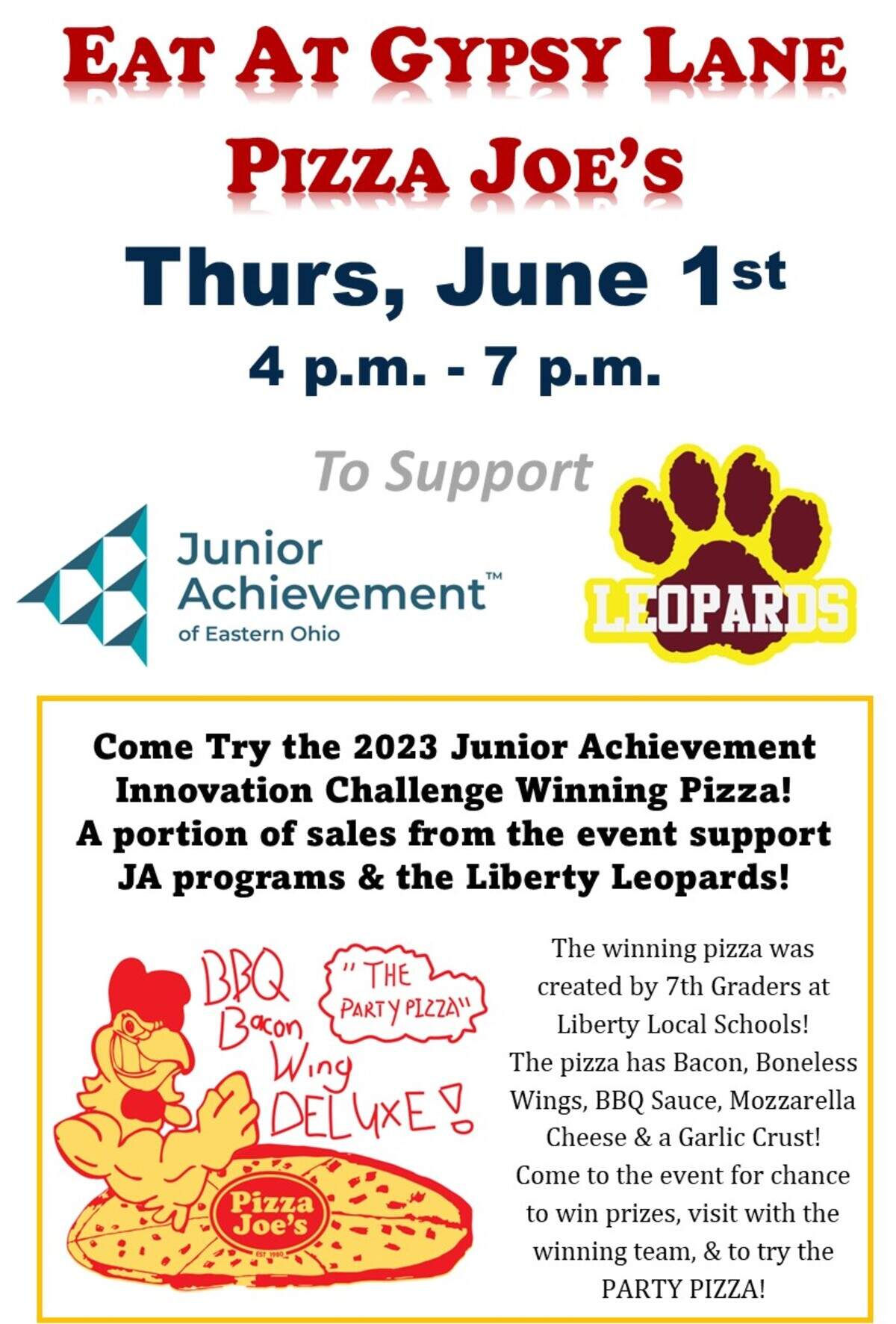 Try the winning pizza flavor at a fundraising event this week at Pizza Joe’s in Liberty