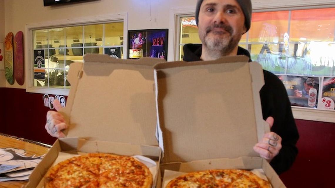 Nate Offerdahl at West Side Bowl has started to give out pizzas in this time of uncertainty. (Bob Yosay/Mahoning Matters)