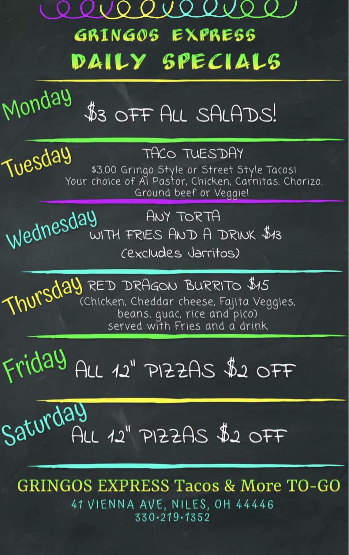 Daily specials on items like pizzas, tacos and salads.&nbsp;