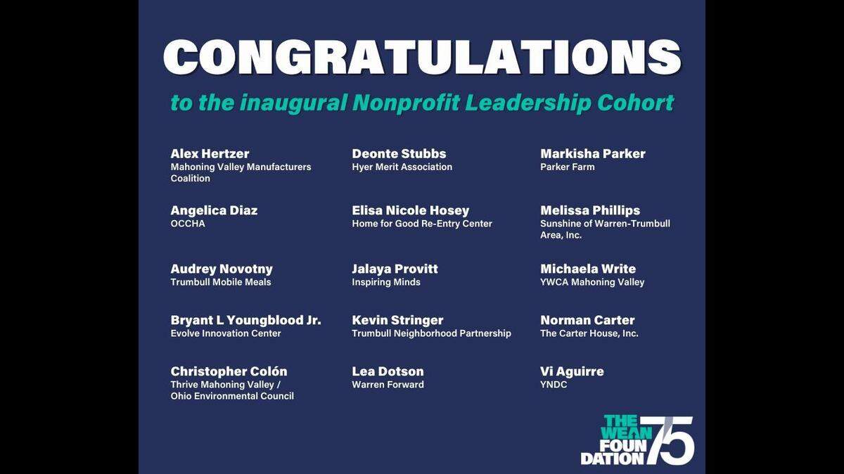 The Raymond John Wean Foundation recently announced the 15 members of its inaugural Nonprofit Leadership Cohort, presented in partnership with Gradient, a consulting firm focusing on developing human equity. 