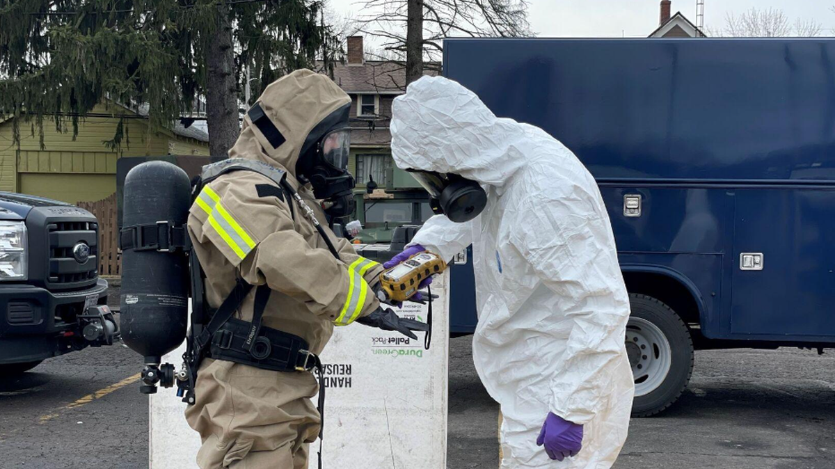 Members of the Ohio National Guard’s 52nd Civil Support Team prepare to enter an incident area to assess and monitor public facilities for any potential remaining hazards with a lightweight inflatable decontamination system (LIDS) in East Palestine, Ohio, Feb. 7, 2023.