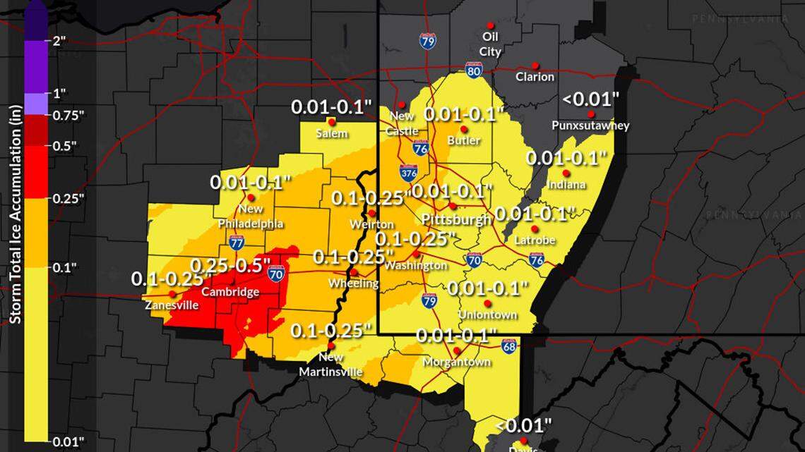 This winter storm graphic produced on Wednesday, Feb. 2, 2022, shows the total ice accumulation expected in Columbiana, Lawrence and Mercer counties through the morning of Friday, Feb. 4, 2022.