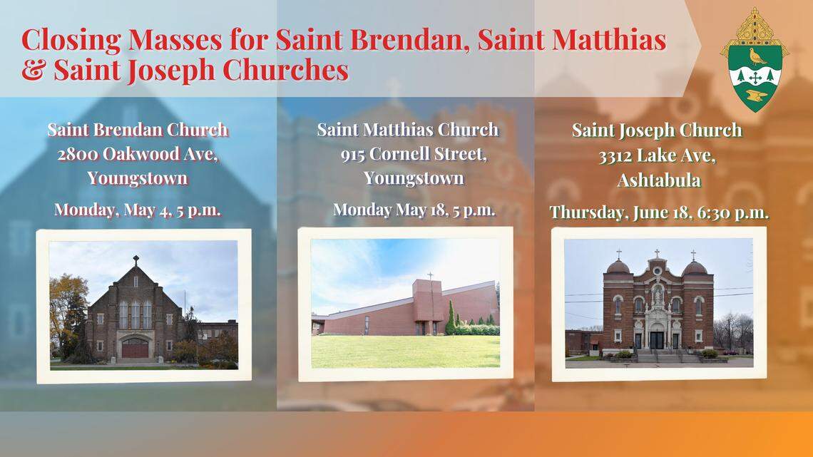 Bishop David J. Bonnar will celebrate closing Masses: Saint Brendan, Saint Matthias in Youngstown and Saint Joseph in Ashtabula.