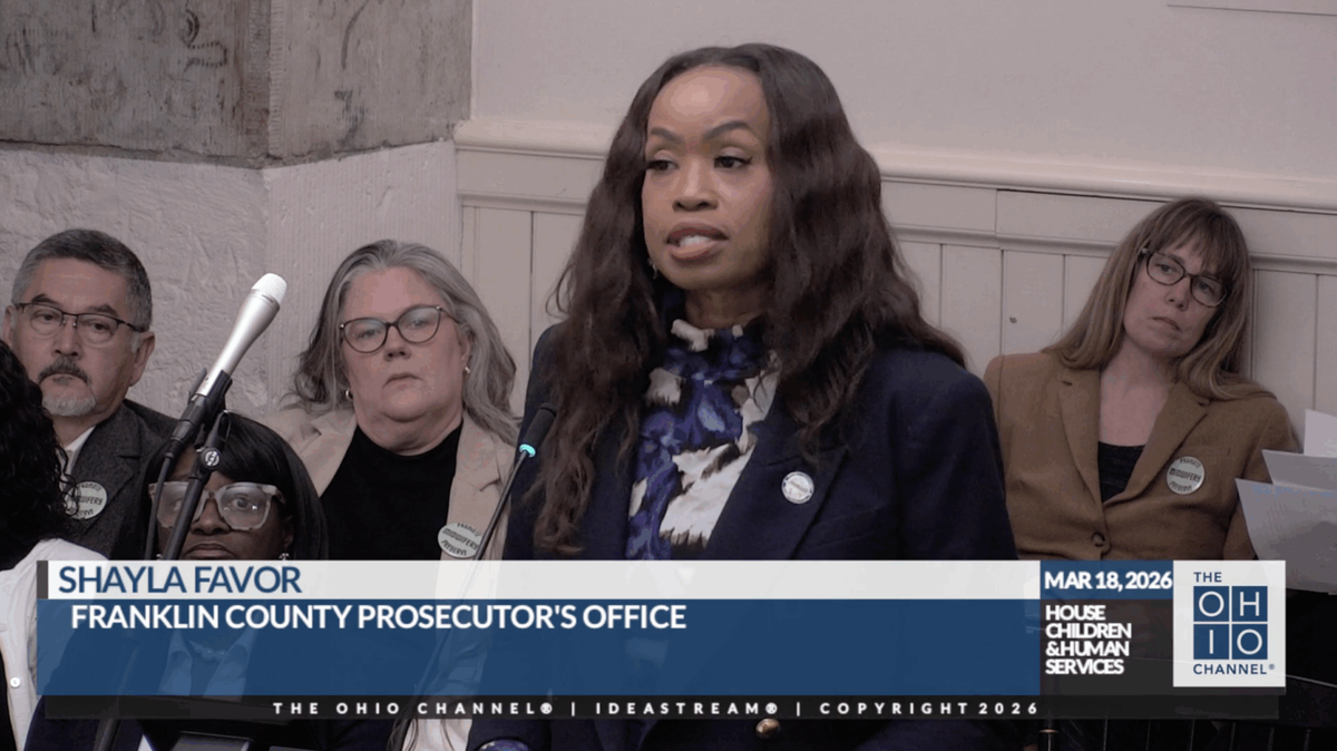 Franklin County Prosecuting Attorney Shayla Favor speaks to the Ohio House Children and Human Services Committee about child care fraud bills being considered by the committee. Favor also said she wanted to correct misstatements made by a legislative sponsor of the bill, about the rates of child care fraud, or lack thereof, in Franklin County.