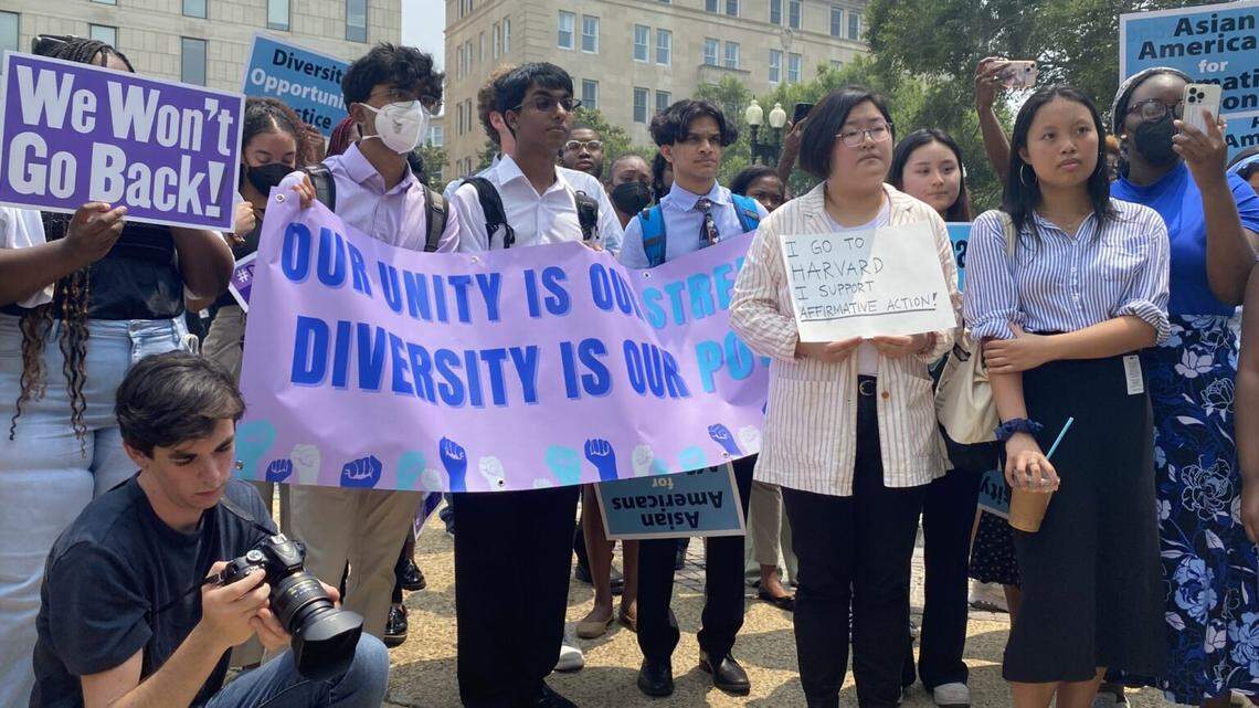 Protestors near the U.S. Supreme Court in Washington, D.C., after a ruling by the court striking down the use of affirmative action in college acceptance decisions, on Thursday, June 29, 2023.