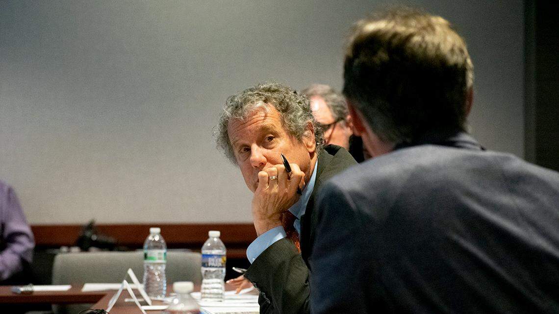 U.S. Sen. Sherrod Brown of Cleveland, D-Ohio, meets with Mahoning Valley officials during a roundtable discussion on infrastructure priorities Friday, June 3, 2022, at Eastgate Regional Council of Governments in Youngstown, Ohio.